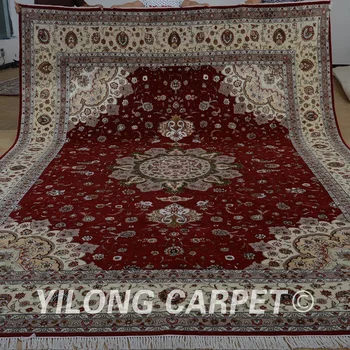 Yilong 10'x14' rankų darbo raudonos ir smėlio spalvos vilnos plotas pledai išskirtinį šiuolaikinio vilnos, šilko kilimas (1506)