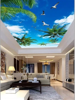 beibehang Užsakymą tapetai, 3d foto freskos kokoso medžio mėlynas dangus, balti debesys jūros paukščių lubų zenith tapetai papel de parede
