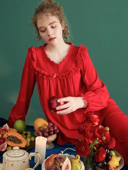 Naujas Vintage Minkštos Medvilnės Pižama Rinkiniai Moterims Ilgomis Rankovėmis, Subtilus, Elegantiškas Saldus Sleepwear Tinka Pavasario, Rudens Nuotaka Naktiniai Drabužiai