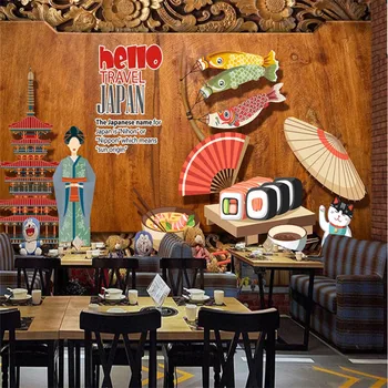 Japonų Savybė Kultūros 3D Rudos Medienos Lentos Sienos Popieriaus Maitinimo Suši Restoranas Pramonės ir Dekoro, Sienų Tapetai, 3D