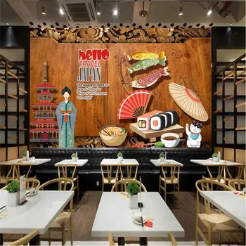 Japonų Savybė Kultūros 3D Rudos Medienos Lentos Sienos Popieriaus Maitinimo Suši Restoranas Pramonės ir Dekoro, Sienų Tapetai, 3D Nuotrauka 2