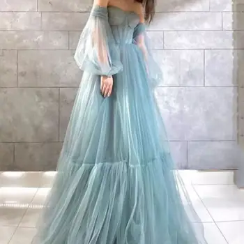 Elegantiškas Sluoksniuotos Rankovėmis Vakaro Suknelės Nuo Peties Promenadzie Suknelė Klostes Tiulio Grindų Ilgis Šalis Suknelės 2022 Užsakymą