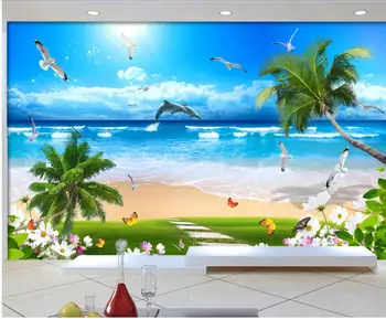 3d sienų freskomis tapetai kambarį Kokoso bangos ir žuvėdros ant vejos beach namų dekoro foto tapetai, sienų ir 3 d