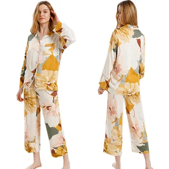 Nauja Vasaros Pižama Moterims ilgomis Rankovėmis, Kelnės 2 vnt Pajama Komplektai Ledo Šilko Satino Gėlių Spausdinti Atsitiktinis Femele Namų Kostiumas Sleepwear
