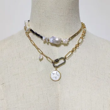 mados punk aukso spalvos grandinę karoliai natūralių gėlavandenių perlų kūrybos susiuvimo moterų dvigubas pakabukas ant kaklo aksesuaras 2020 m. Nuotrauka 2