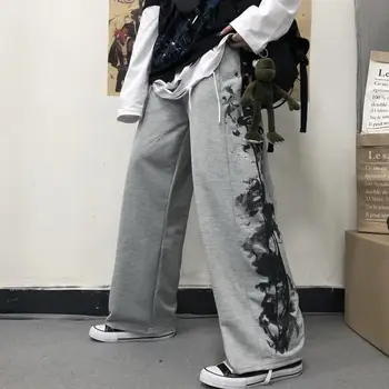 Moterų Sweatpants Spausdinti Harajuku Retro Vintage Elastinga Juosmens, Palaidi Pločio Kojų Kelnės Mados Streetwear Atsitiktinis Kelnės Unisex Nuotrauka 2