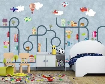 Papel de parede ranka-dažytos miesto eismo animacinių filmų automobilį vaikų 3d tapetai, freskos, TV prie sienos, miegamojo tapetai, namų puošybai Nuotrauka 2