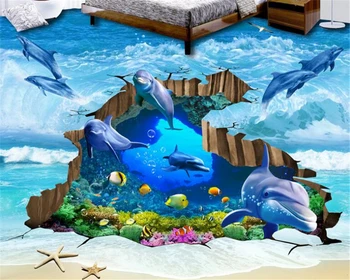 beibehang 3d tapetai Bangų 3D delfinai įtrūkimų povandeninį pasaulį stereoskopinis grindys gali būti pritaikyti mados kambario sienos popieriaus Nuotrauka 2