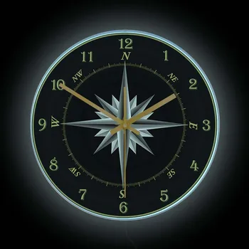 Kompasas 3D Spausdinimo Sieninis Laikrodis Su Apšvietimu Mariner Compbum Vėjo Rožė Navigacijos Laivybos Sailor Namų Dekoro Žėrintis LED Žiūrėti