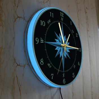Kompasas 3D Spausdinimo Sieninis Laikrodis Su Apšvietimu Mariner Compbum Vėjo Rožė Navigacijos Laivybos Sailor Namų Dekoro Žėrintis LED Žiūrėti Nuotrauka 2