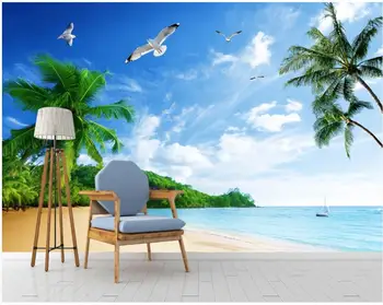 pasirinktinius nuotraukų 3d tapetai Pajūrio kokoso medžio žuvėdra paplūdimio dekoracijos kambaryje namų dekoro 3d sienų freskomis tapetai, sienų ir 3 d Nuotrauka 2