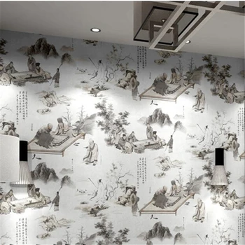 beibehang Naujas Kinų stiliaus senovės klasikinio stiliaus Zen peizažas arbatos kambarys gyvenamasis kambarys, TV foną, sienos popieriaus Nuotrauka 2