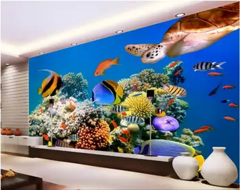 3d kambario tapetai užsakymą freskos neaustinių siena lipdukas Giliai jūros atogrąžų akvariumą žuvų, jūros vėžlių photo 3d sienų freskomis tapetai