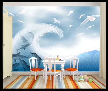 xuesu 8d tapetai mėlyna mažų šviežių ranka-dažytos jūros anotacija vaikų kambarys freskos fone sienos užsakymą sienų dangos Nuotrauka 2