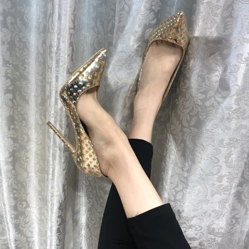 Nemokamas pristatymas moterų mados Dizaineris Nauja Aukso lakinės odos punkte kojų aukšti kulniukai siurbliai batai Stiletto 10cm, 12cm 8cm Nuotrauka 2
