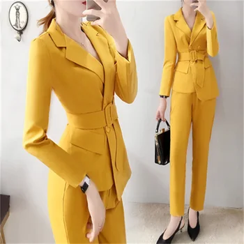 Aukštos klasės Profesionalus moterų geltona kostiumas kostiumas naujas rudens korėjos mados temperamentas juosmens kostiumas devynių kelnes dvi
