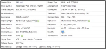 14 Colių LCD Ekrano Skydelis HD 1366x768 Non-touch 60Hz EDP 40pins 250 cd/m2, 45% NTSC B140XTK02.2 Nuotrauka 2