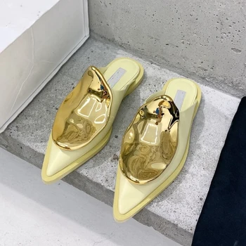 Europos ir Amerikos vasara naujas metalo pažymėjo tne wrap sandalai moterims plokščią pusę šlepetės odos mados dėvėti Muller batai