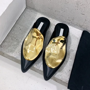 Europos ir Amerikos vasara naujas metalo pažymėjo tne wrap sandalai moterims plokščią pusę šlepetės odos mados dėvėti Muller batai Nuotrauka 2