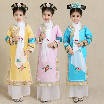 Mergina Kinijos Tradicinės PrincessDramaturgic Kostiumas Vaikams Senovės Čing Dinastija Cheongsam Vaikų Hanfu Etape Cosplay Medžiaga