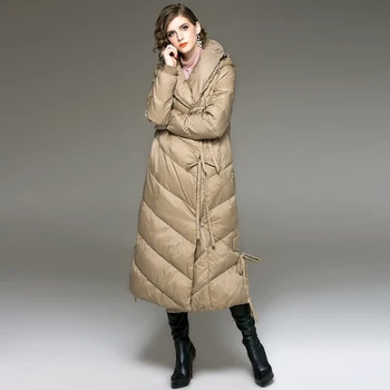 YNZZU Elegantiškas Moterų Žemyn Striukė Žiemos Ilgos Stiliaus 90% Baltųjų Ančių Pūkų Paltai Moterims Šiltas Gobtuvu Nėrinių Moteris Outwears O740