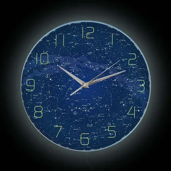 Žvaigždėtas Dangus Naktį Star Modernaus Dizaino LED Sieninis Laikrodis Su Apšvietimu Kambarį Dangaus Žemėlapį Žvaigždynas Namų Dekoro Laikrodis