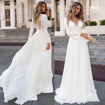 Šifono Iliuzija Atgal Ilgomis Rankovėmis Vestuvių Suknelė 2021 Paprastas V-Kaklo Appliques Nuotakos Suknelė Varčias Derliaus Bohemijos