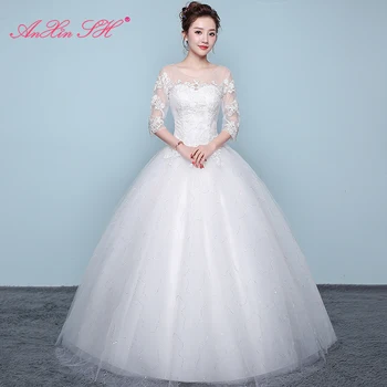AnXin SH baltos spalvos gėlių nėriniais, o ant kaklo vestuvių suknelė princesė derliaus turkija pusė rankovės iliuzija balta šalies vestuvinė suknelė