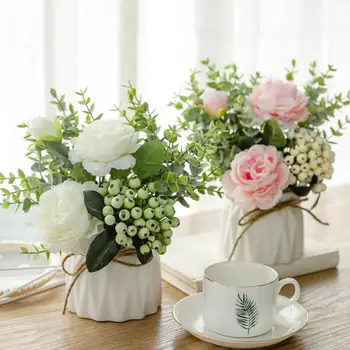 Mados Europos Rožė Gėlių, Uogų Hibridas Puokštė su Keramikos Vaza Vestuves Namų Stalo Vazoninių Gėlių Patalpų Apdaila