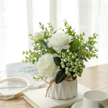 Mados Europos Rožė Gėlių, Uogų Hibridas Puokštė su Keramikos Vaza Vestuves Namų Stalo Vazoninių Gėlių Patalpų Apdaila Nuotrauka 2
