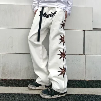 High Street Streetwear Mens Siuvinėjimas Darbo Drabužiai Pusėje Leopard Pleistras Balta Prarasti Pločio Kojų Žmogus Kelnės Hip-Hop Mens Poilsiu Kelnės