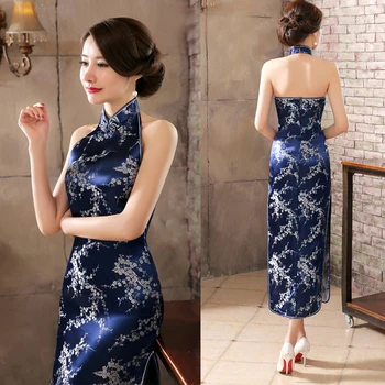 Tamsiai Mėlynas Vintage Lady Satino vakarinę Suknelę Kinijos Naujovė Backless Cheongsam Qipao Gėlių Dydis S M L XL XXL XXXL