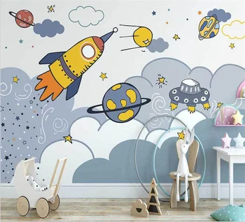 Custom 3D Foto Tapetai Vaikams, Miegamojo Ranka pieštas animacinių filmų raketų kosmoso žvaigždėtas dangus Vaikų Kambario Sienų Fone, Sienos Tapetai Nuotrauka 2