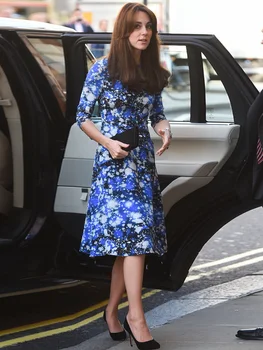 Princesė Kate Naujas Moterų Dizaineris Aukštos Kokybės Vasaros Mados Elegantiška Vintage trumpomis Rankovėmis Spausdinti Office Atsitiktinis Suknelės, Šaliai