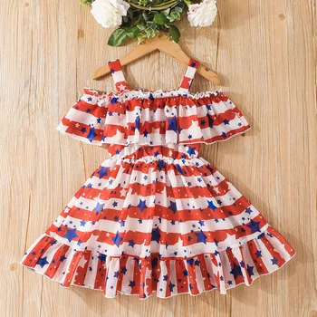 Bamblys Merginos Rankovių Nepriklausomybės Diena Žvaigždžių Dryžuotas Spausdinti Suknelė liepos 4-osios Vaikai Raukiniai Princesė Suknelės Baby Girl Drabužiai Nuotrauka 2