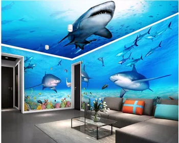 custom freskos nuotrauka 3d tapetai Povandeninio pasaulio ryklys temą kosmoso full house fone 3d sienų freskomis tapetų sienos, 3 d Nuotrauka 2