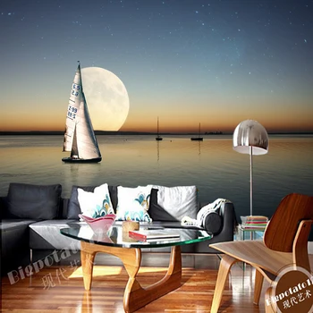 Individualų papel de parede 3d, saulėlydis mėnulio jūros burlaivis freskos naudojami svetainė, miegamasis, sofa-lova, fonas, tapetai, dekoratyvinis