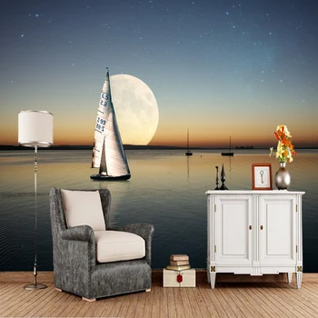 Individualų papel de parede 3d, saulėlydis mėnulio jūros burlaivis freskos naudojami svetainė, miegamasis, sofa-lova, fonas, tapetai, dekoratyvinis Nuotrauka 2