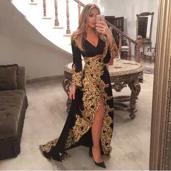 Eightae Marokas Kaftan Vakaro Suknelė su V-Kaklo Juoda ir Aukso Appliques ilgomis Rankovėmis caftan Afrikos Musulmonų arabų Prom Šalis Suknelė
