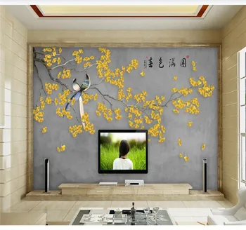 Custom sienų apmušalai namų puošybai naujas Kinų stiliaus ranka-dažytos gėlės ir paukščiai ginkgo fono sienos