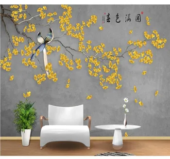 Custom sienų apmušalai namų puošybai naujas Kinų stiliaus ranka-dažytos gėlės ir paukščiai ginkgo fono sienos Nuotrauka 2