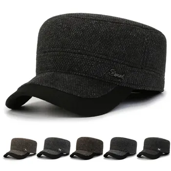 Vyriški Flat Top Hat Naujas Žiemą Šilta Medvilnė Karinės Bžūp Reguliuojamo Dydžio Ausų Apsaugos Šiltas Dangtelis Mados Tėtis Skrybėlę Bombonešis Skrybėlės
