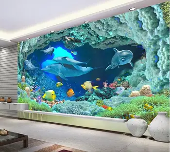 3d tapetai užsakymą freskos neaustinių 3d kambario tapetai HD Delfinai ocean World fone freskos nuotrauka 3d sienų freskomis tapetai