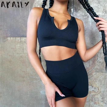 Akaily Streetwear Juoda Tracksuit 2 Dviejų Dalių Rinkiniai Moterims Vasaros Atitikimo Rinkiniai Moterų Berankovis Pasėlių Viršuje Dviračių Šortai Rinkiniai 2021 Nuotrauka 2