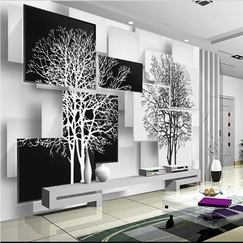 wellyu Užsakymą didelė freska paprasta juoda ir balta eglutė 3D TV foną, aplinkos tapetai papel de parede para quarto