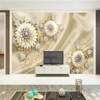 Foto Tapetai 3D Europos Audito Stiliaus Aukso Papuošalai, Gėlės Freskomis, Gyvenamasis Kambarys Sofos Fono Sienos Popieriaus 3D Sienos Freska