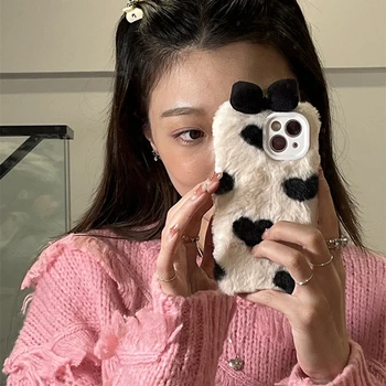 Korėjos Mielas Meilė Širdies Purus Baltas Telefono dėklas Skirtas iPhone 14 13 12 11 Pro Max Japonija Kawaii 3D Lankas Pliušinis Hard Cover Žiemos Shell Nuotrauka 2