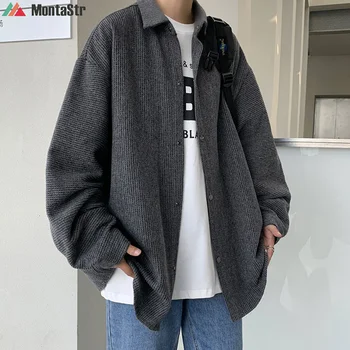 Korėjos Stiliaus Negabaritinių Mens Atsitiktinis Marškinėliai Kieto Spalvų Ilgomis Rankovėmis Vyrų Megztinis Harajuku Mados Hip-Hop Streetwear