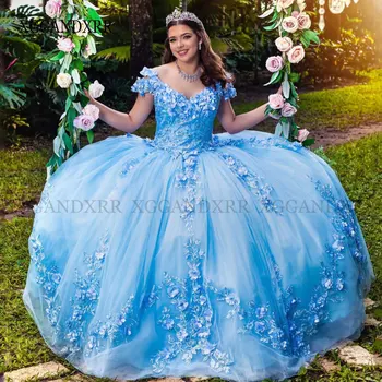Elegantiška Mėlynos Spalvos Kamuolys Suknelė Quinceanera Suknelės Brangioji Gėlės Ilgai Saldus 15 16 Gimtadienio Princesė Šalis Suknelė Mergaitėms 