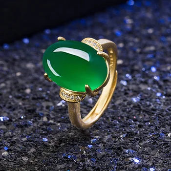 Žavesio Derliaus Aukso Spalvos 925 Sidabro Žiedai Moterims Klasės Natūralus Green Jade Atidaryti Vestuvių, Sužadėtuvių Žiedai Moterų Fine Jewelry